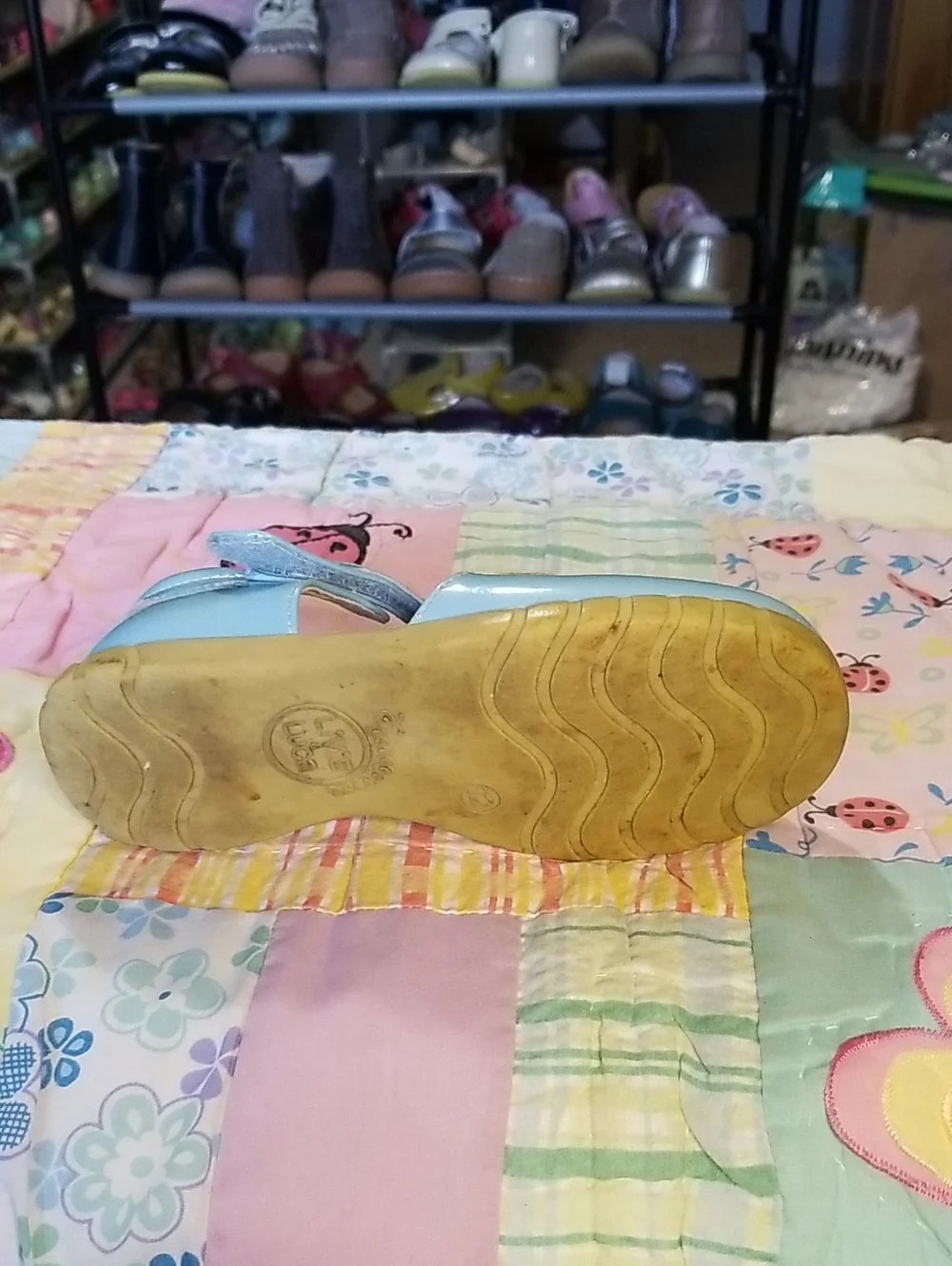 Livie & Luca Blue & Cream Patent Leather Mary Jane Size 12 Petals HTF Wavy Soles